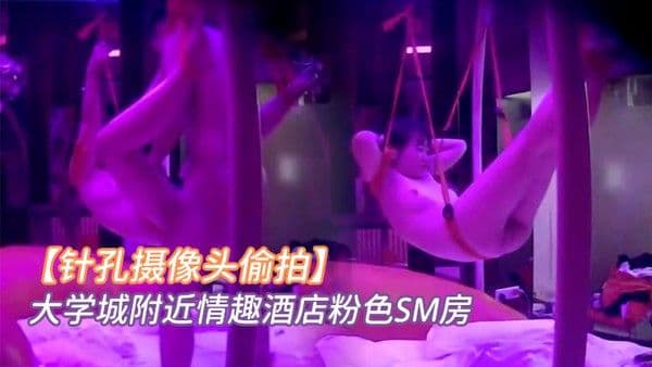 针孔摄像头偷拍大学城附近情趣酒店粉色SM房小情 侣看着满屋的情趣用具研究如何玩最后把女友吊着肏
